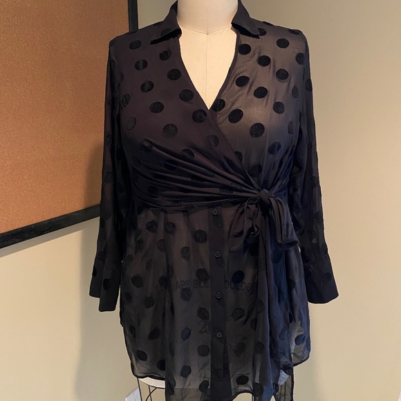 Michel Studio Tops - Sheer Polka Dot Asymmetrical Tie-Blouse